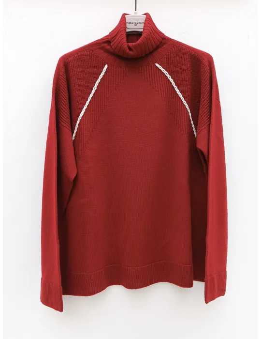 Burgundy Merino Wool Roll-Neck Sweater with White Embroidery