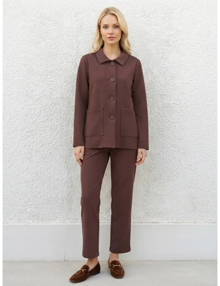 Brown neoprene-effect sweatshirt jacket with patch pocket in plus size