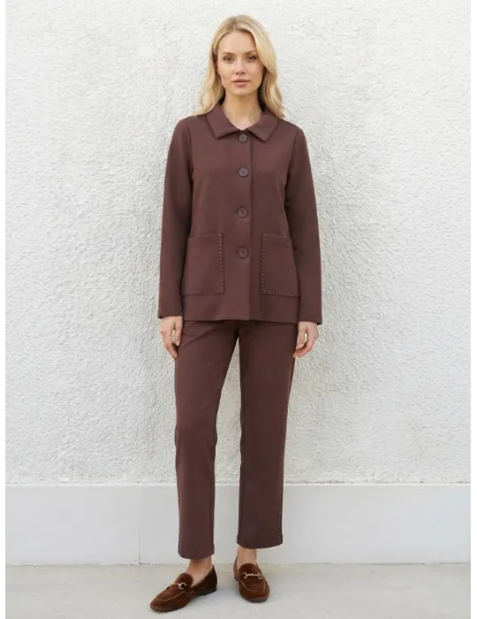Brown Scuba Bon-Ton Jacket with Patch Pockets