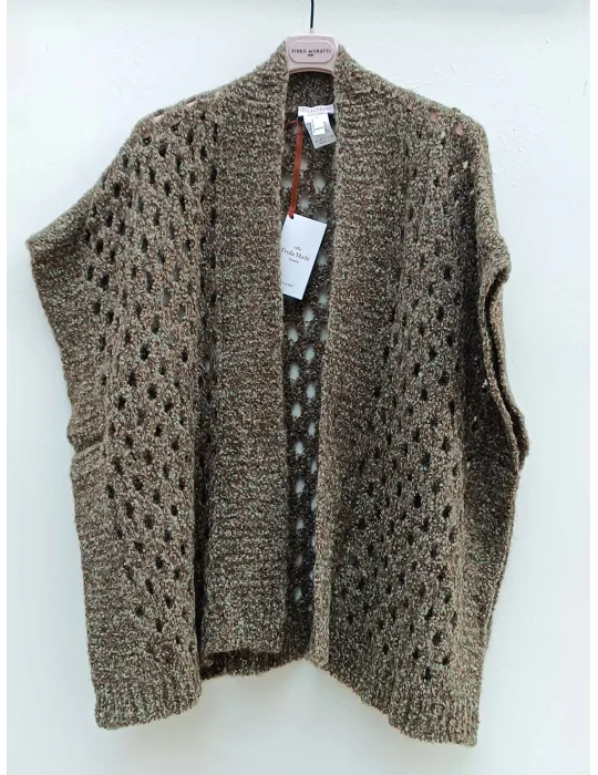 Green and Brown Openwork Baby Alpaca Cardigan Vest by Frida Madè