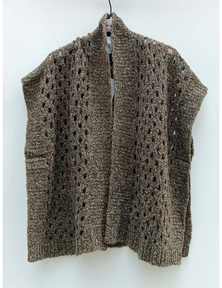 Green and Brown Openwork Baby Alpaca Cardigan Vest by Frida Madè