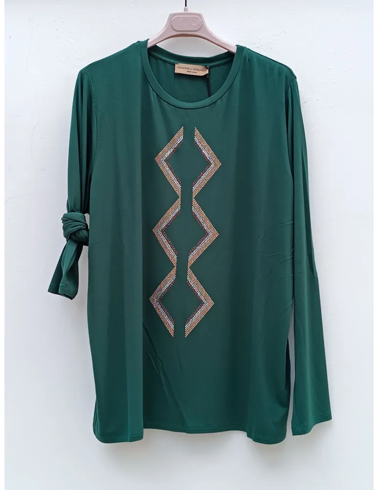 Green Top with Rhinestone and Stud Embroidery - Francesca Mercuriali
