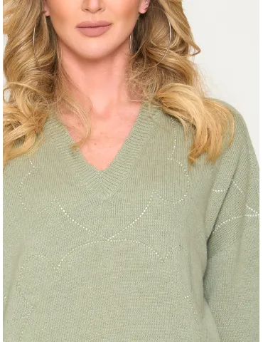 Sage Green Merino and Cashmere boxy Sweater with Rhinestones 2