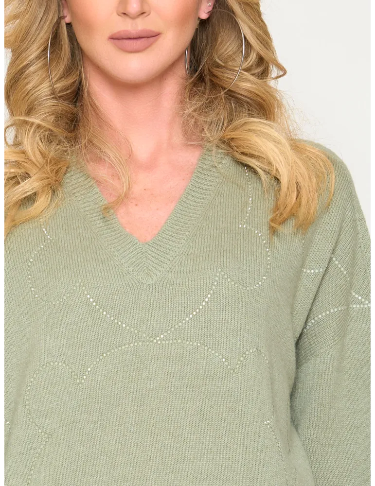 Sage Green Merino and Cashmere boxy Sweater with Rhinestones