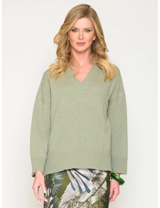 Sage Green Merino and Cashmere boxy Sweater with Rhinestones