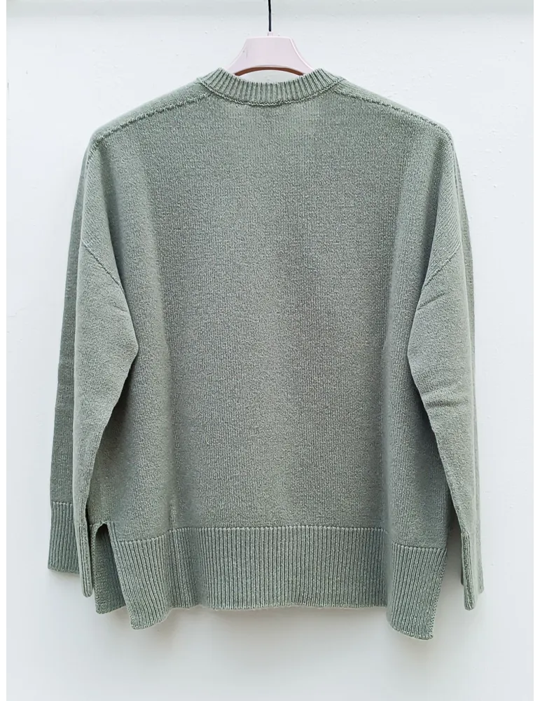 Sage Green Merino and Cashmere boxy Sweater with Rhinestones
