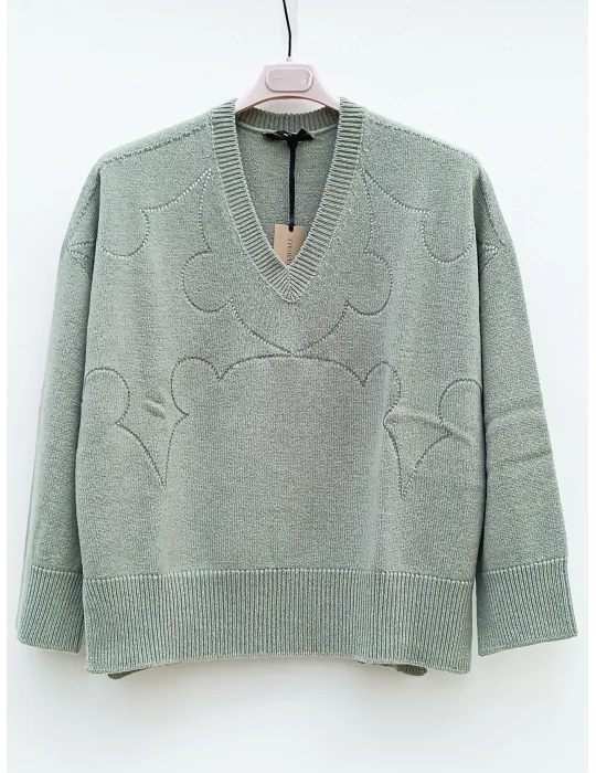 Sage Green Merino and Cashmere boxy Sweater with Rhinestones