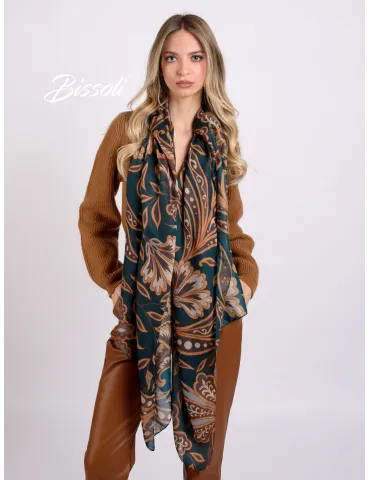 Bissoli Italian accessories | Petrol green and brown floral scarf 2