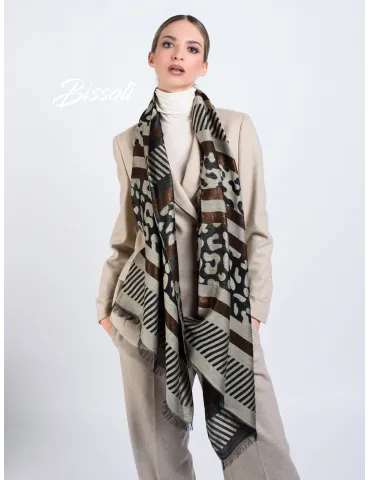 Sciarpa jacquard in fantasia sul beige, nero e marrone lurex - Bissoli 2