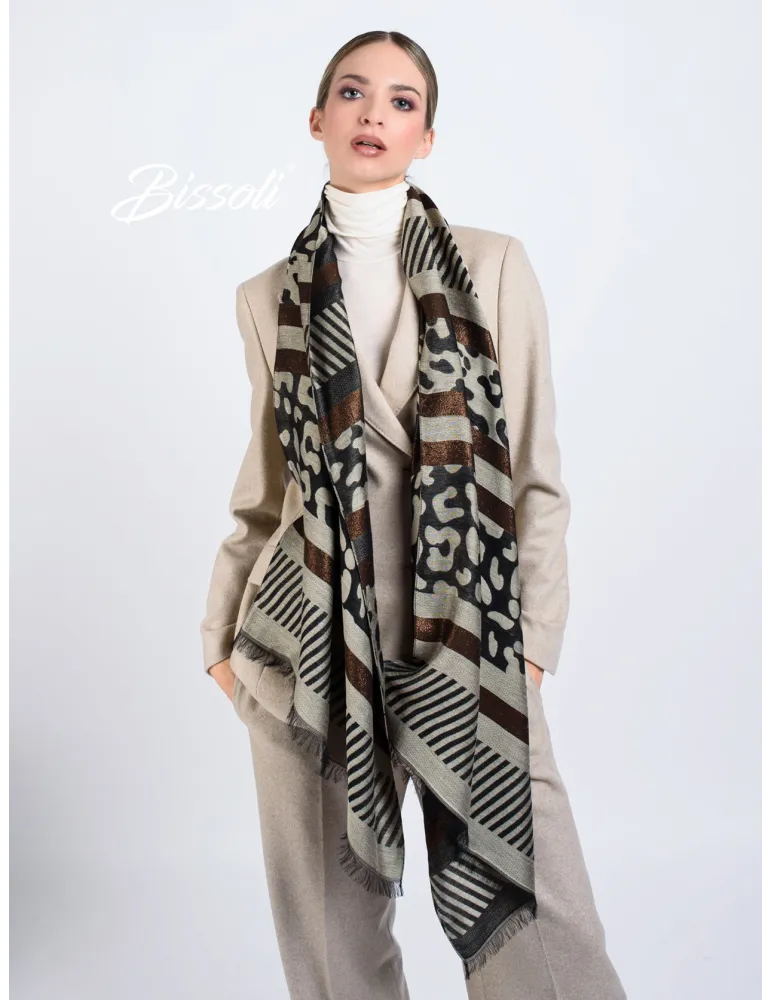 Bissoli Beige and black jacquard formal scarf with bronze lurex