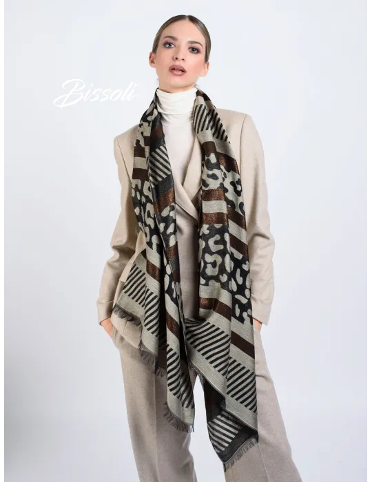 Bissoli Beige and black jacquard formal scarf with bronze lurex