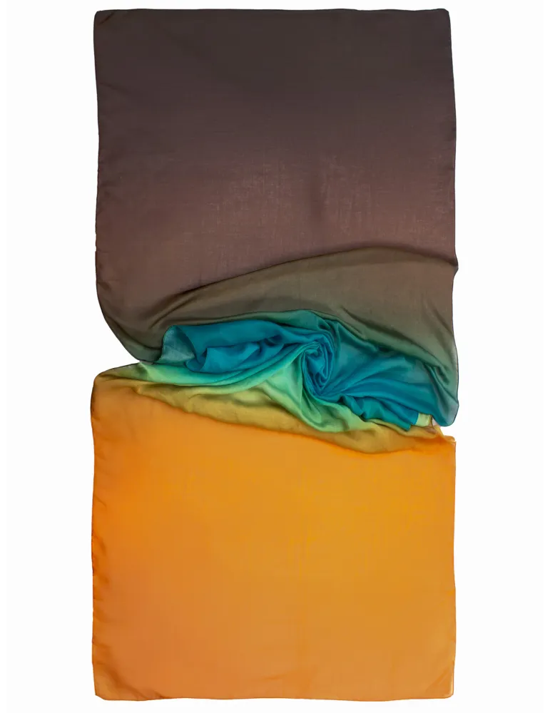 Bissoli Printed Scarf in Orange, Aqua Green and Brown Tones