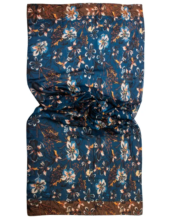 Sciarpa stola in voile fantasia fiori blu petrolio e marrone Bissoli