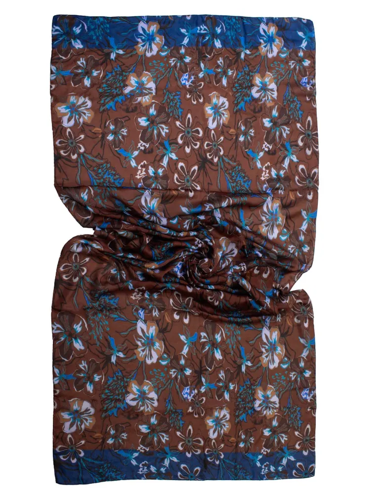 Petrol blue and brown floral printed scarf by Bissoli