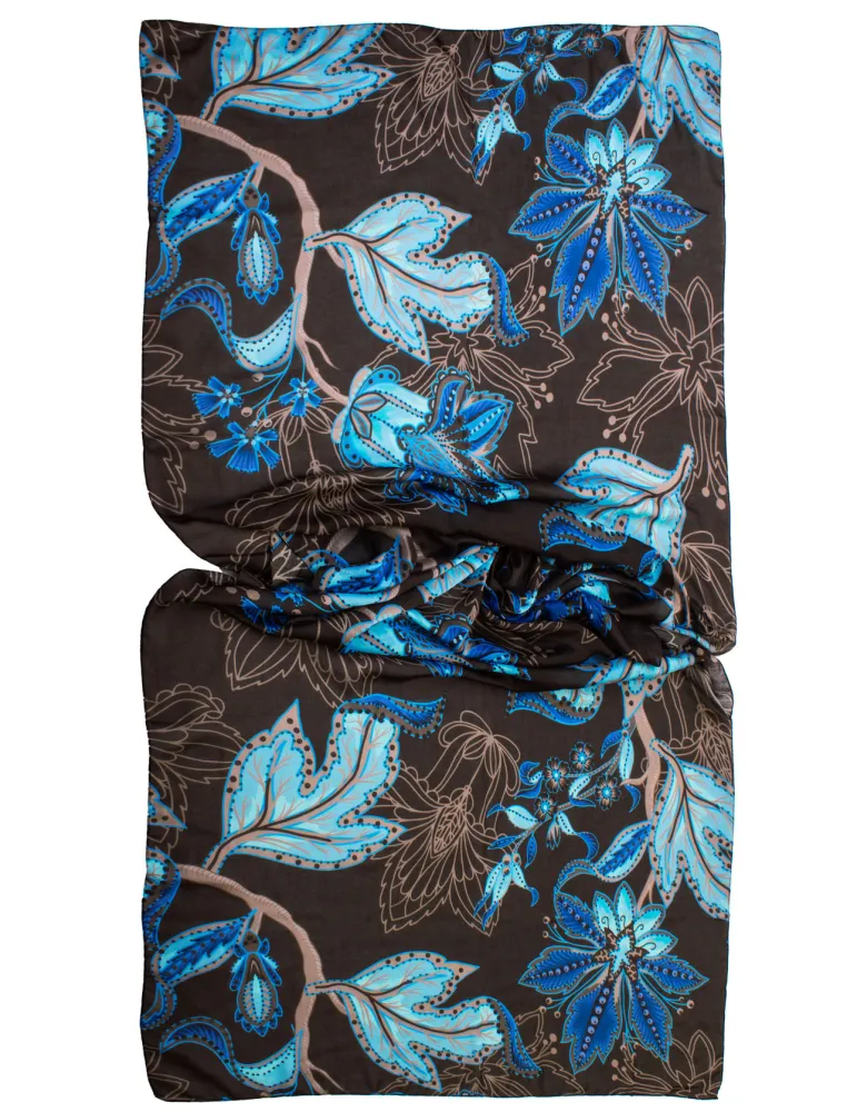 Blue and dark brown floral printed scarf by Bissoli