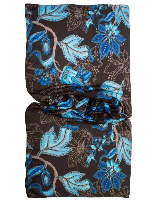 Blue and dark brown floral printed scarf by Bissoli