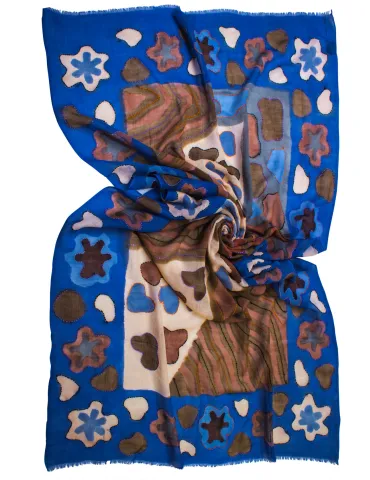 Maxi sciarpa blu e marrone in pura lana stampa a mano batik Bissoli