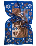 Maxi sciarpa blu e marrone in pura lana stampa a mano batik Bissoli