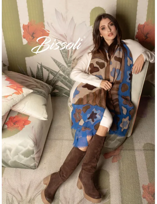 Blue and dark brown hand-printed batik pure wool scarf by Bissoli