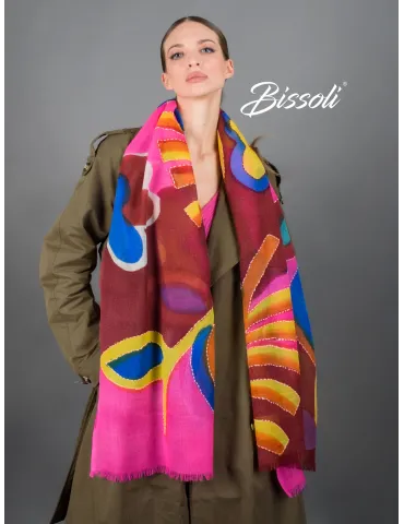 Maxi sciarpa sul fucsia in pura lana stampa a mano batik Bissoli 2