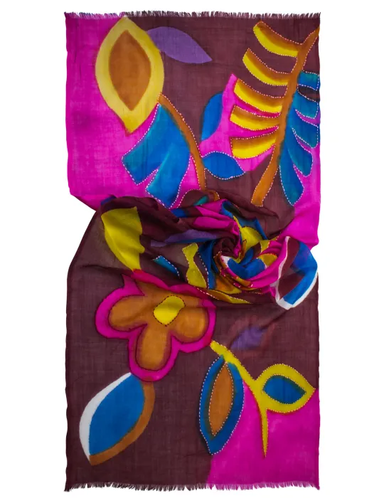 Maxi sciarpa sul fucsia in pura lana stampa a mano batik Bissoli