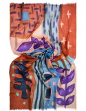 Orange and blue palette hand-printed batik pure wool scarf by Bissoli