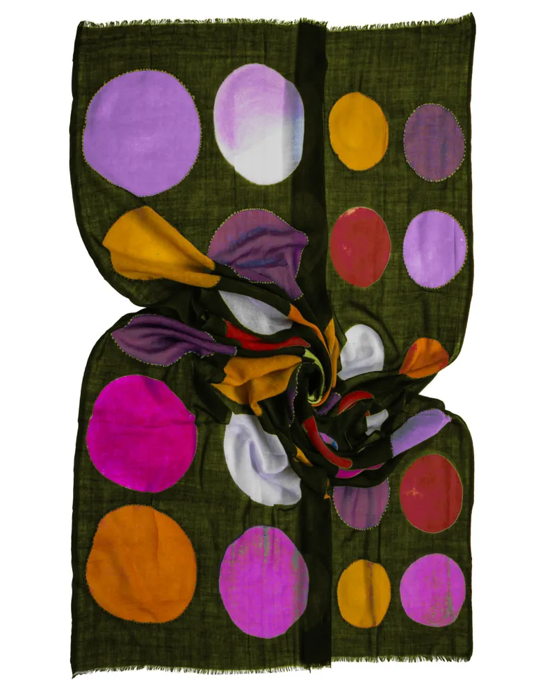 Hand-printed batik pure wool scarf with embroideries by Bissoli