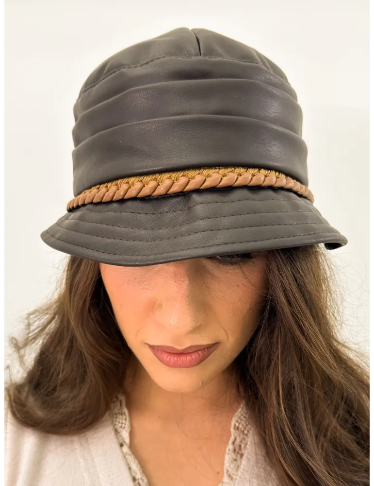 Complit Italian Hats | Brown Faux Leather Rain Cloche Hat with Trim