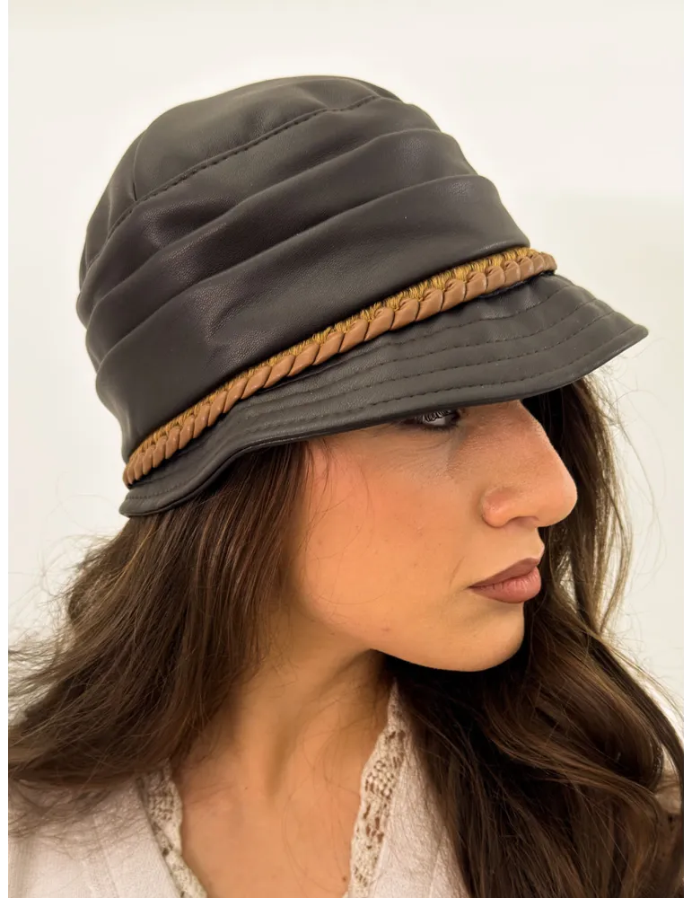 Complit Italian Hats | Brown Faux Leather Rain Cloche Hat with Trim