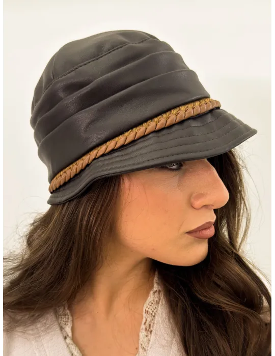 Complit Italian Hats | Brown Faux Leather Rain Cloche Hat with Trim