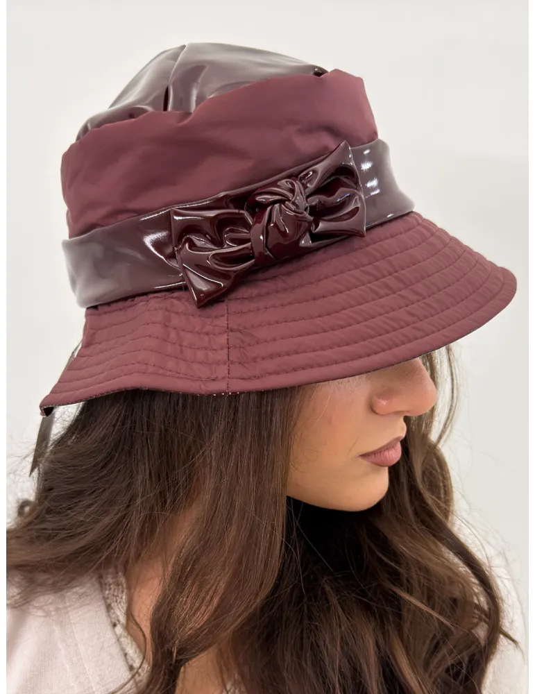Burgundy Rainproof Cloche Hat in Matte and Glossy Fabric