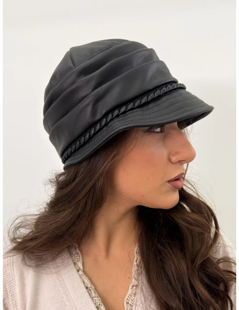 Complit Italian Hats | Black Faux Leather Rain Cloche Hat with Trim