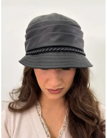 Black Faux Leather Rain Cloche Hat with Trim by Complit