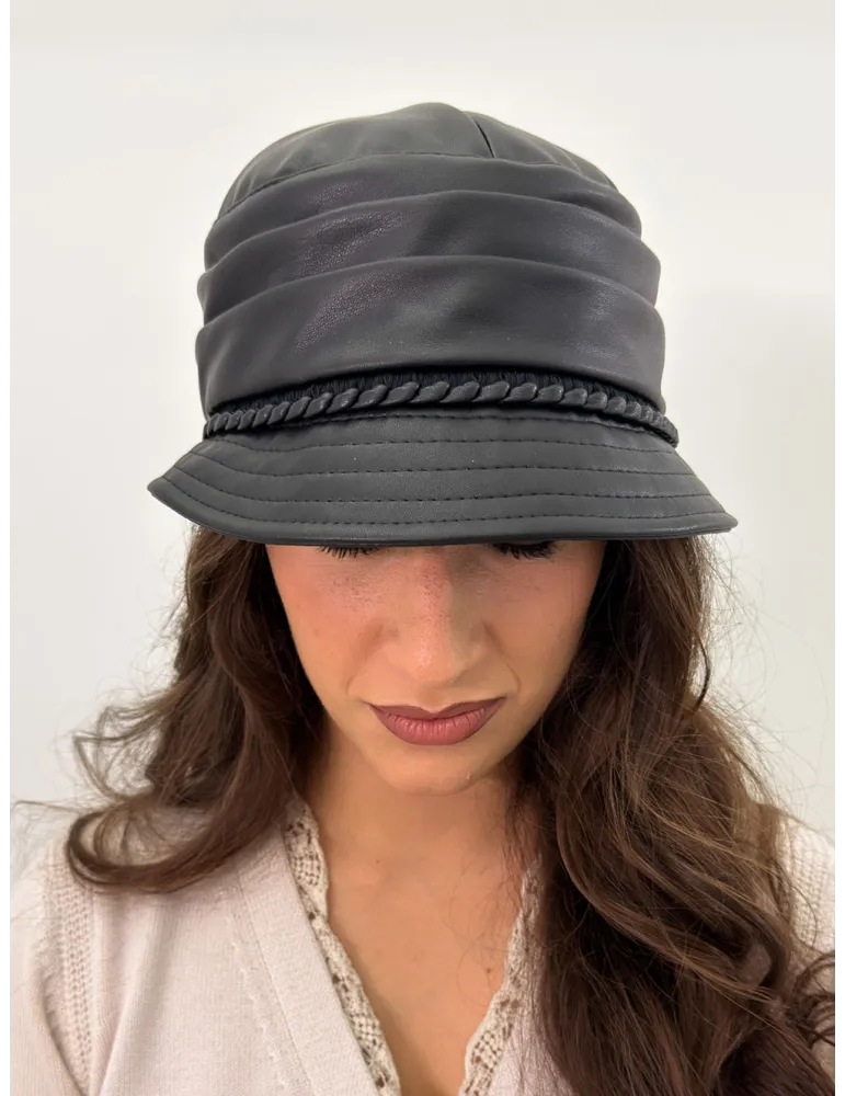 Complit Italian Hats | Black Faux Leather Rain Cloche Hat with Trim