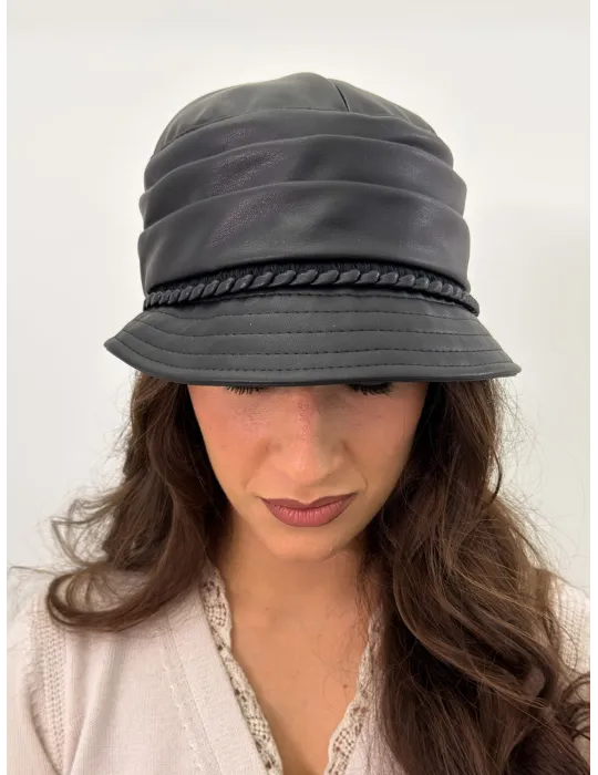 Black Faux Leather Rain Cloche Hat with Trim by Complit