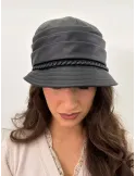 Complit Italian Hats | Black Faux Leather Rain Cloche Hat with Trim