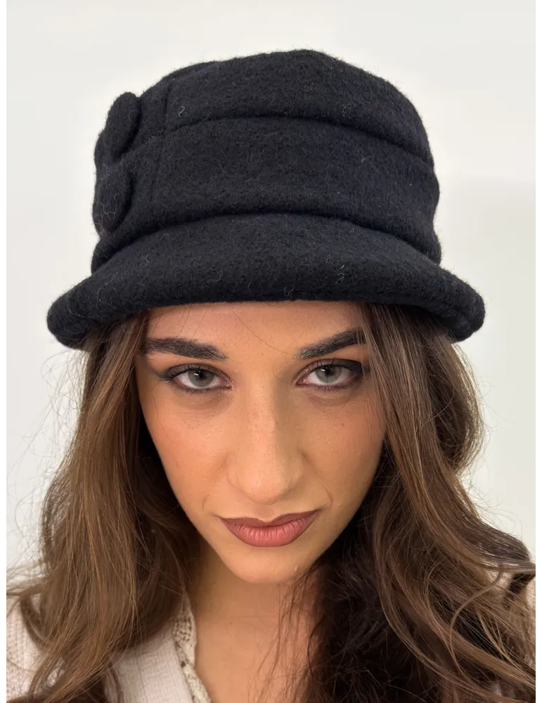 Black Pure Boiled Wool Cloche Hat with Buttons by Complit