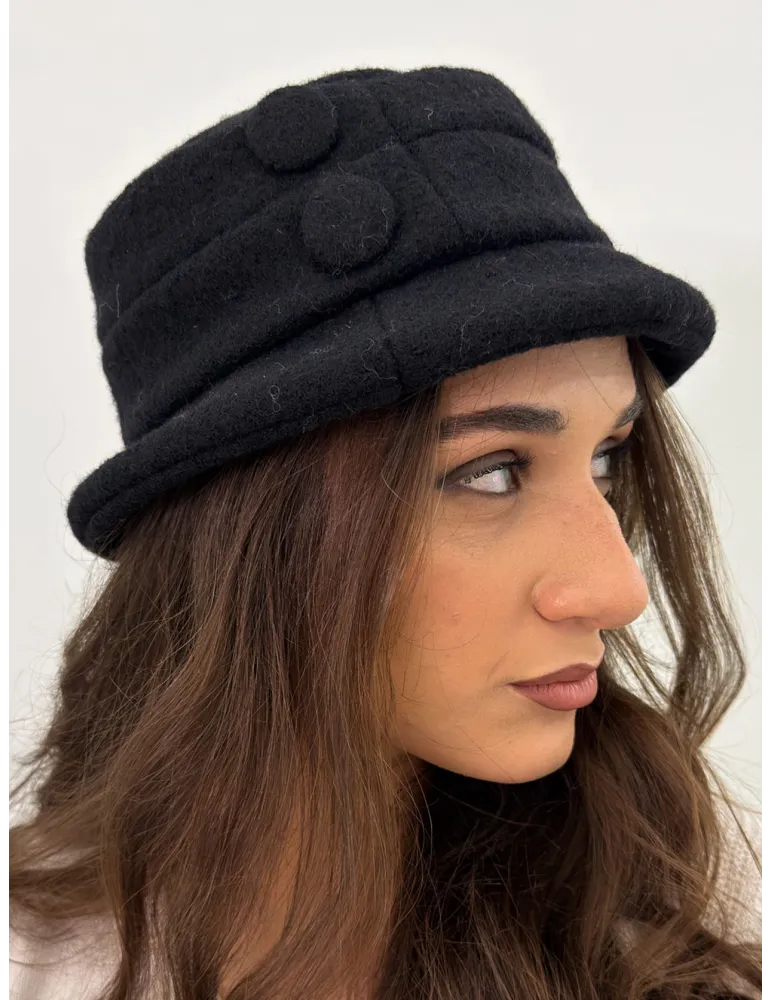 Black Pure Boiled Wool Cloche Hat with Buttons by Complit