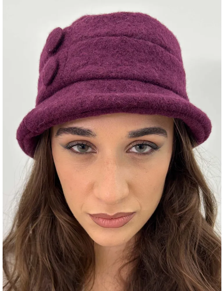 Burgundy Boiled Wool Cloche Hat with Buttons by Complit
