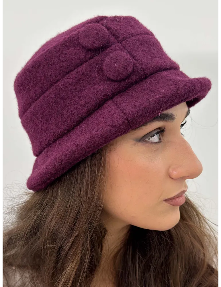 Complit Italian Hats | Black Pure Boiled Wool Cloche Hat with Buttons