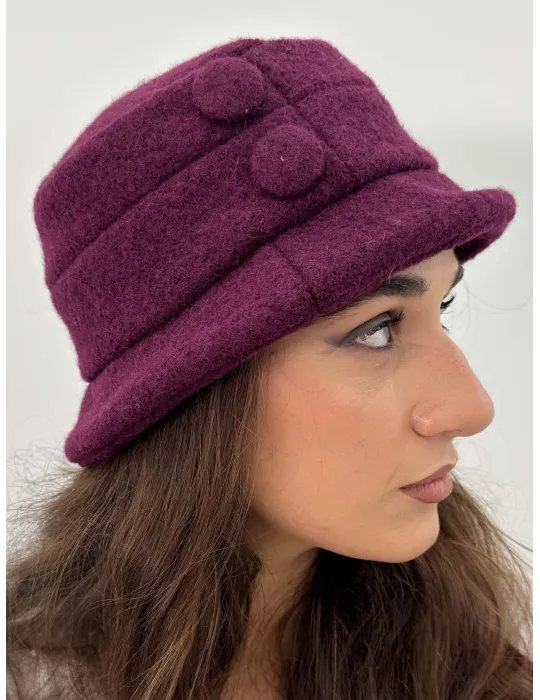 Burgundy Boiled Wool Cloche Hat with Buttons by Complit