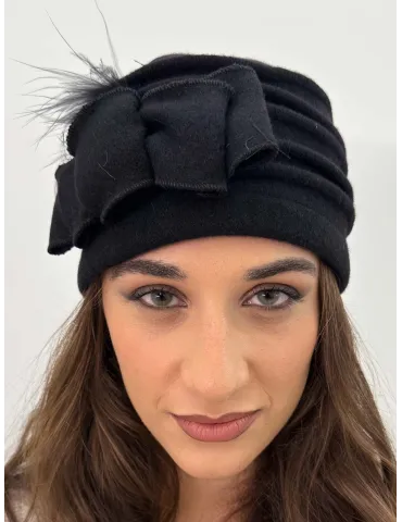 Pure Wool Beret-Style Hat with Bow and Feathers by Complit 2