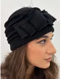Pure Wool Beret-Style Hat with Bow and Feathers by Complit