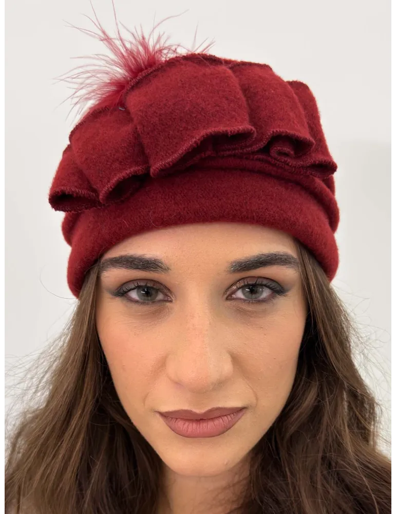 Pure Wool Beret-Style Hat with Bow and Feathers by Complit