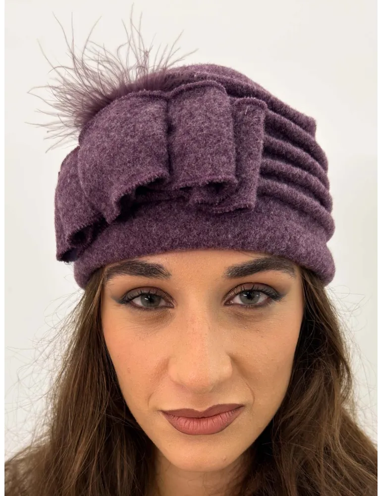 Pure Wool Beret-Style Hat with Bow and Feathers by Complit