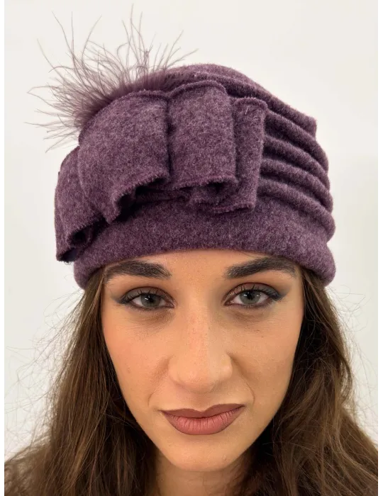 Complit Italian Hats | Pure Wool Beret-Style Hat with Bow and Feathers