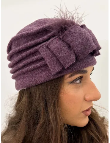 Pure Wool Beret-Style Hat with Bow and Feathers by Complit