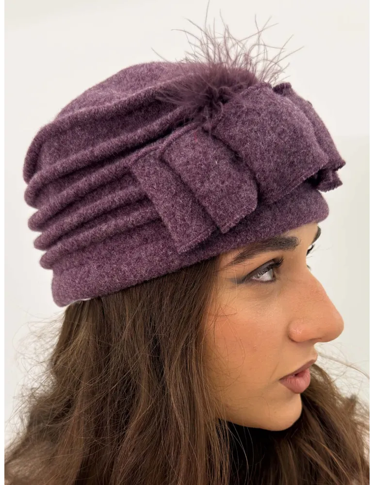 Pure Wool Beret-Style Hat with Bow and Feathers by Complit