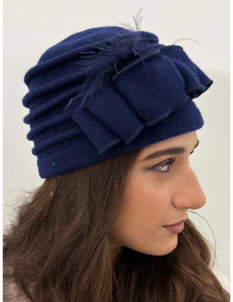 Pure Wool Beret-Style Hat with Bow and Feathers by Complit