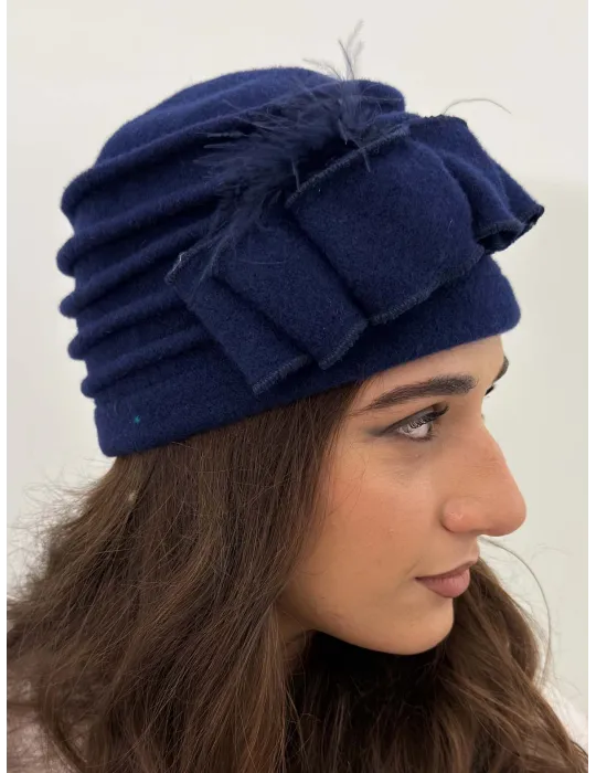 Complit Italian Hats | Pure Wool Beret-Style Hat with Bow and Feathers